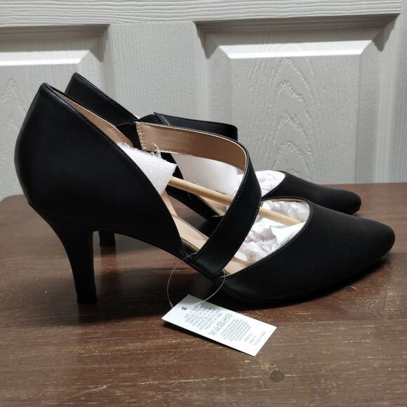 Black Stiletto Heels Women Size 11 Faux Leather Asymmetric Strap Pointed Toe - Picture 1 of 8